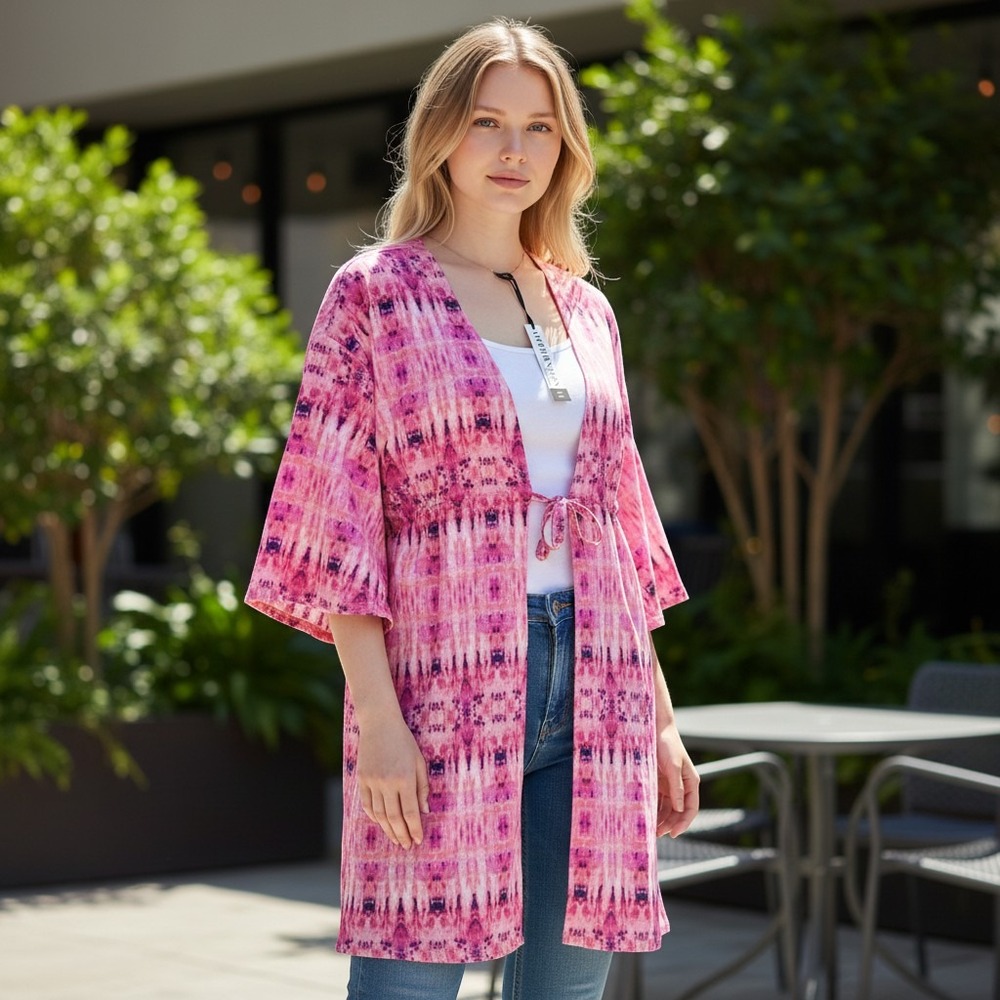 Ambernoon II Womens Small Pink Ikat Tie Dye Kimono Swim Coverup Front Tie NWT